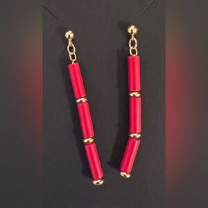 Earrings - red bugle beads - dangle - post - gold tone - (#1186)